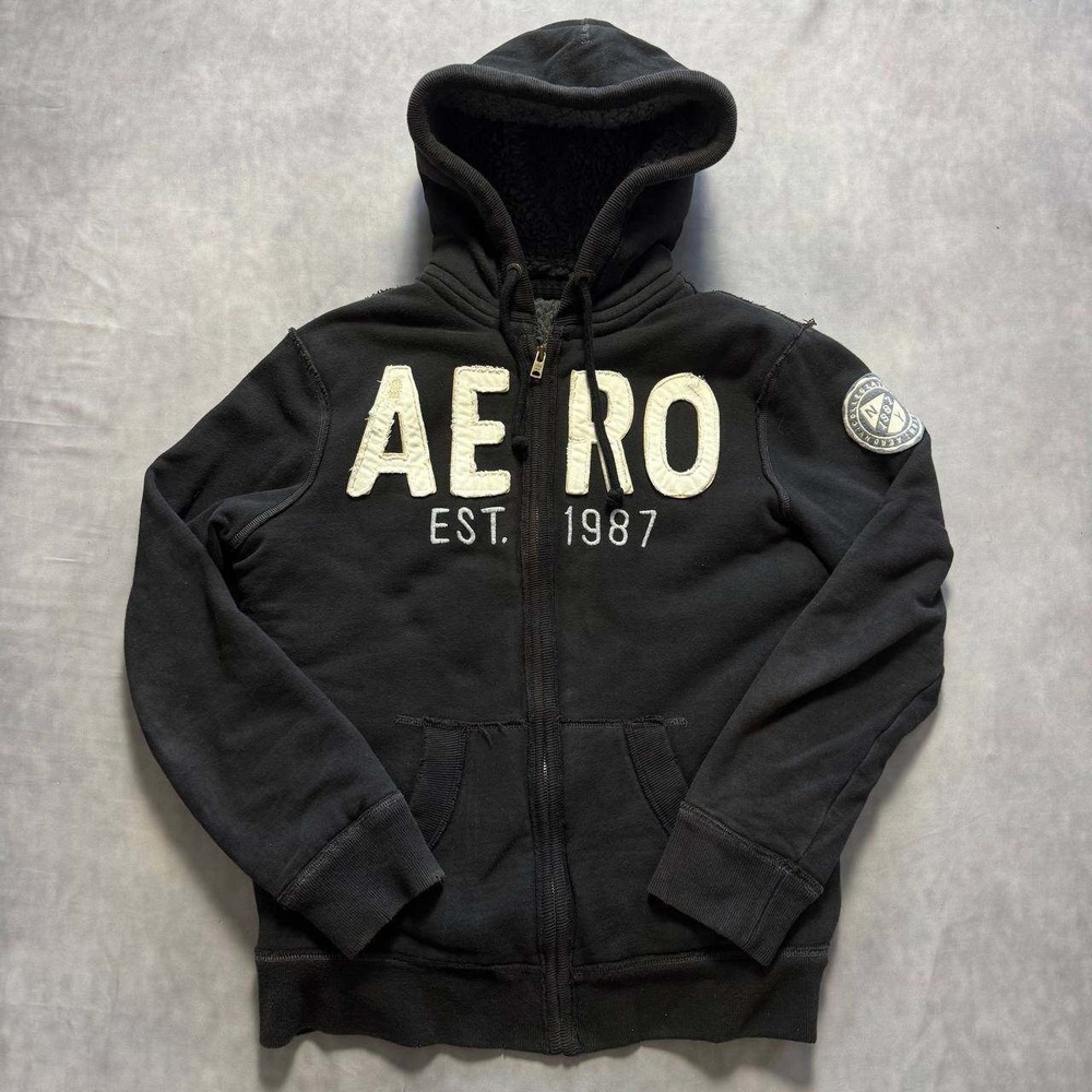 Aeropostale Womens Sherpa Lined Full Zip Hoodie Black Aero 1987 Logo Small